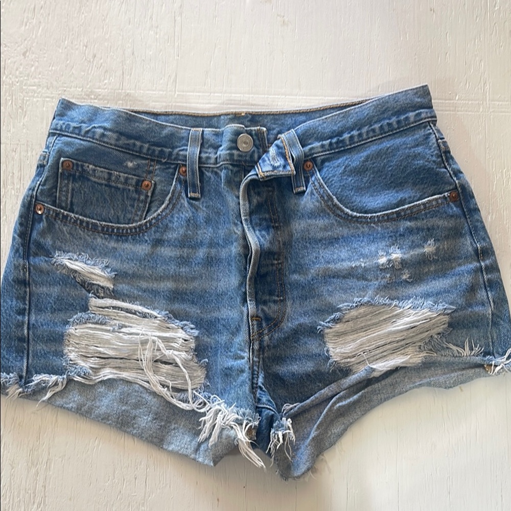 Levi's 501 Blue Distressed Jean Shorts